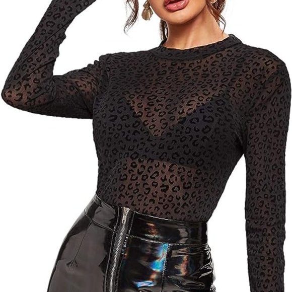 Tops - Cheetah Mesh Sheer Long Sleeve Top